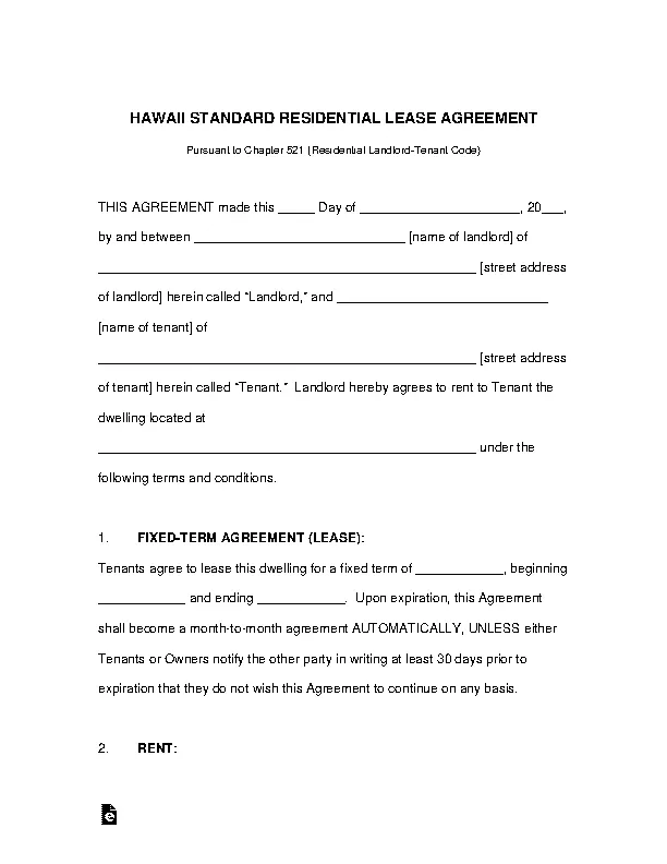 Hawaii Standard Residential Lease Agreement