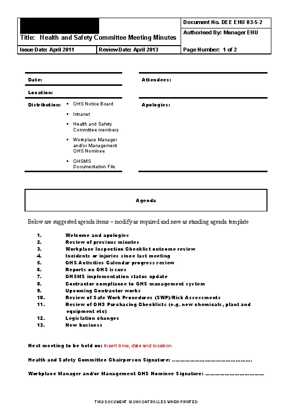 Health And Safety Committee Meeting Agenda Template PDFSimpli
