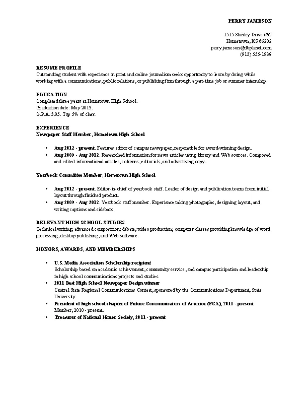 High School Academic Student Resume - PDFSimpli