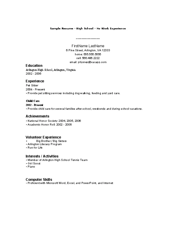 High School Student Resume With No Experience