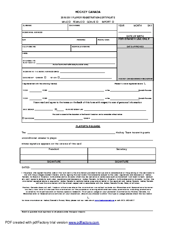 Hockey Registration Certificate