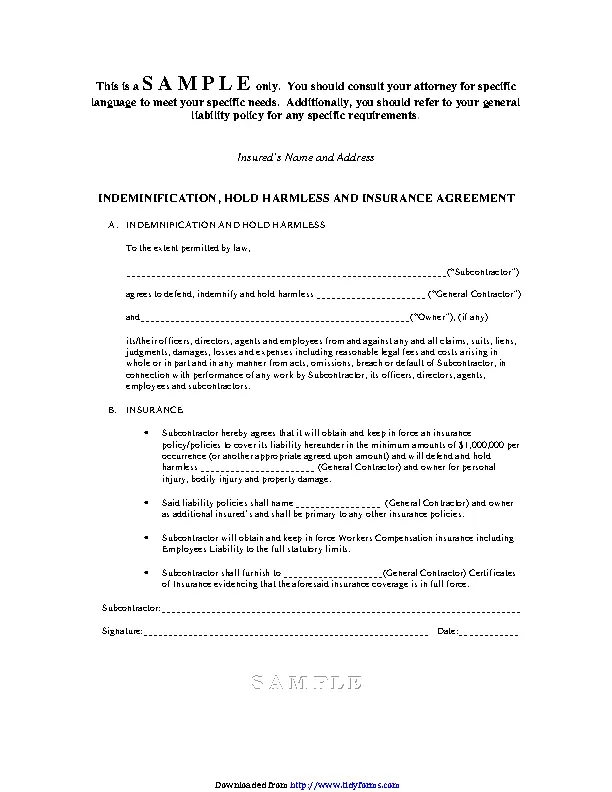 Hold Harmless Agreement Sample 1 - PDFSimpli