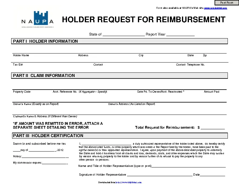 Holder Request For Reimbursement