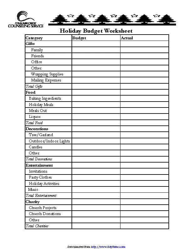Holiday Budget Worksheet
