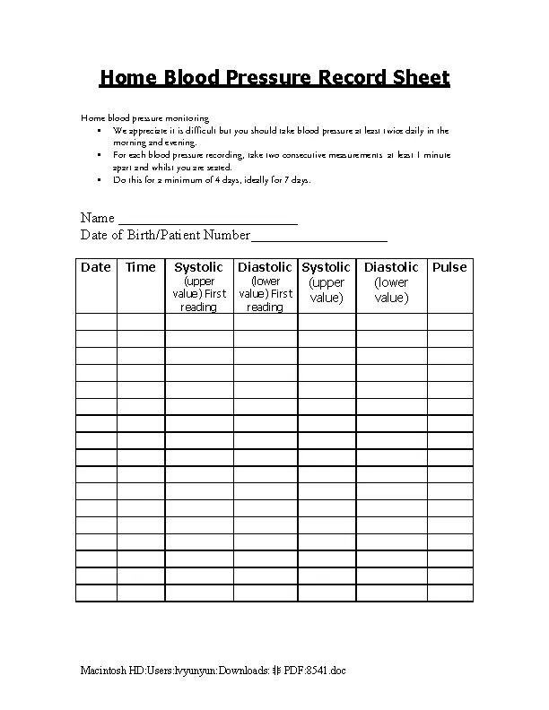 Home Blood Pressure Record Sheet