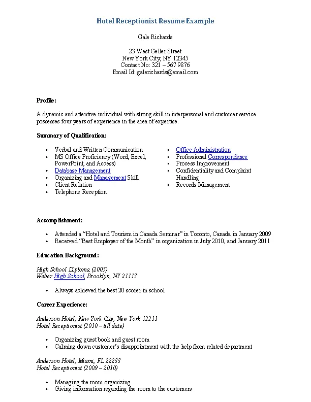 Hotel Receptionist Resume - PDFSimpli