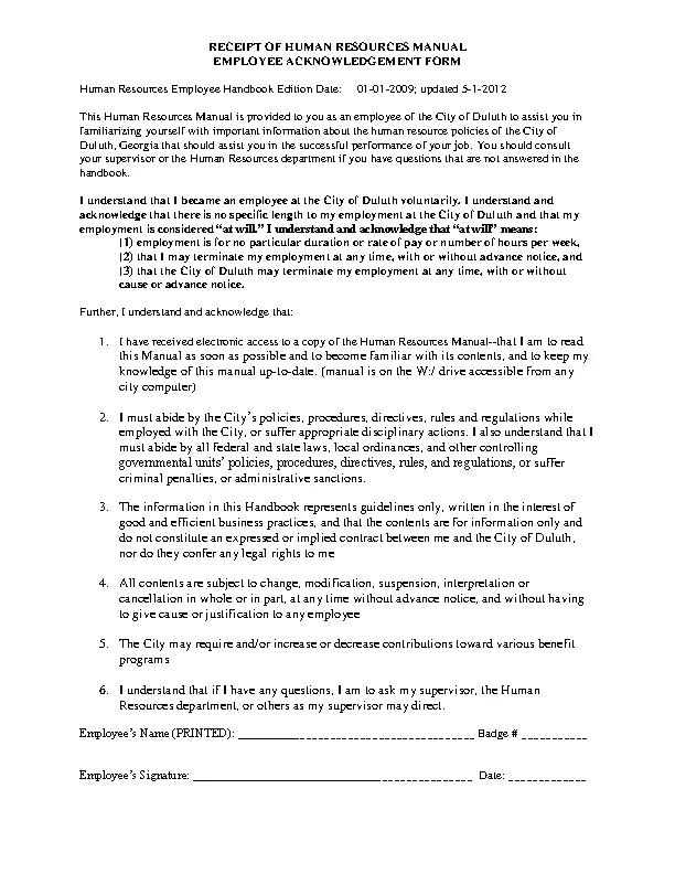 Hr Employee Acknowledgement Manual Template
