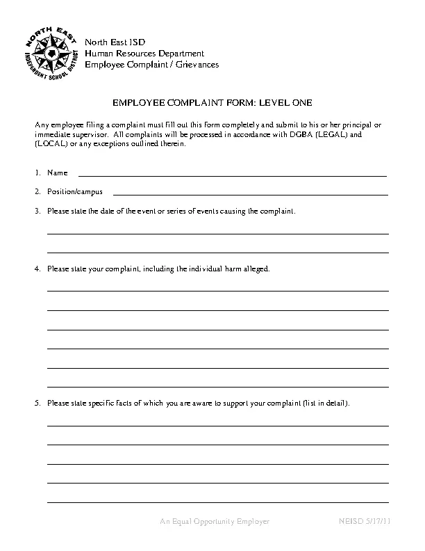 Human Resources Employee Complaint Form PDFSimpli
