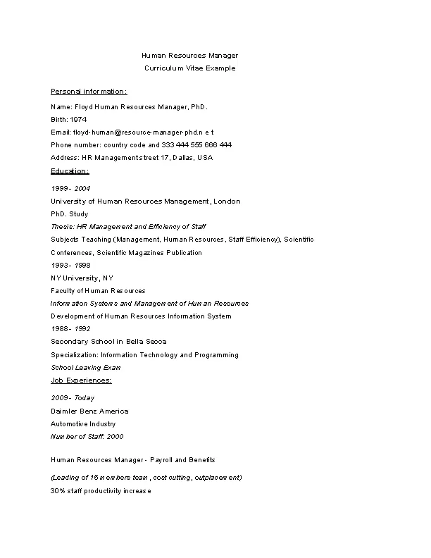 Human Resources Manager Cv Example - PDFSimpli