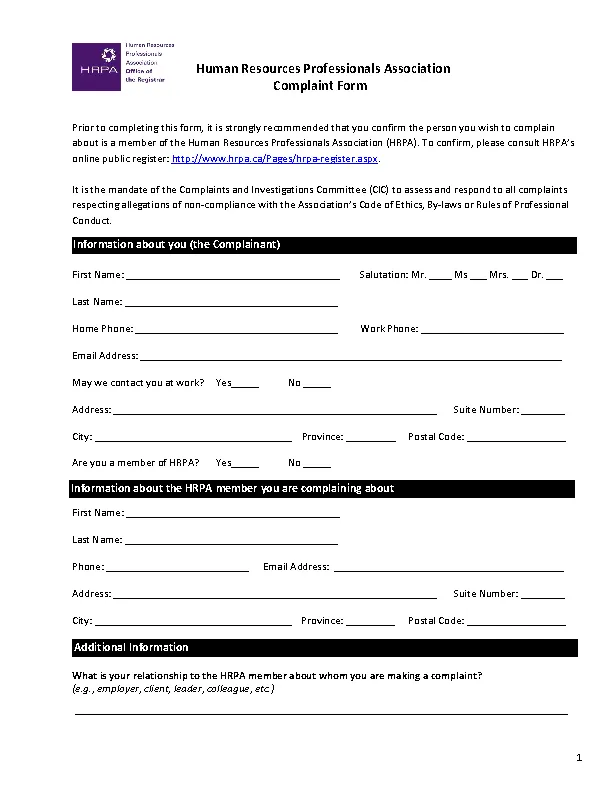Human Resources Professionals Association Complaint Form Sample PDFSimpli