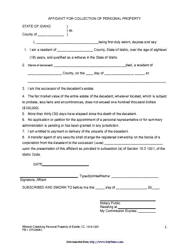 Idaho Affidavit For Collection Of Personal Property Form Pdfsimpli 5860