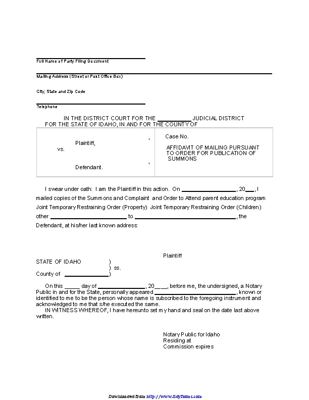 Idaho Affidavit Of Mailing Per Order For Publication Form - PDFSimpli