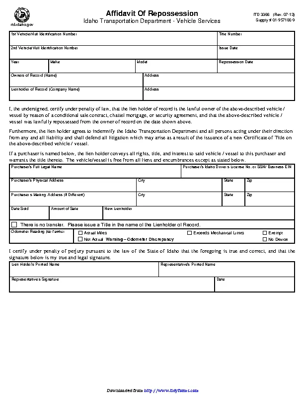 Idaho Affidavit Of Repossession Form PDFSimpli