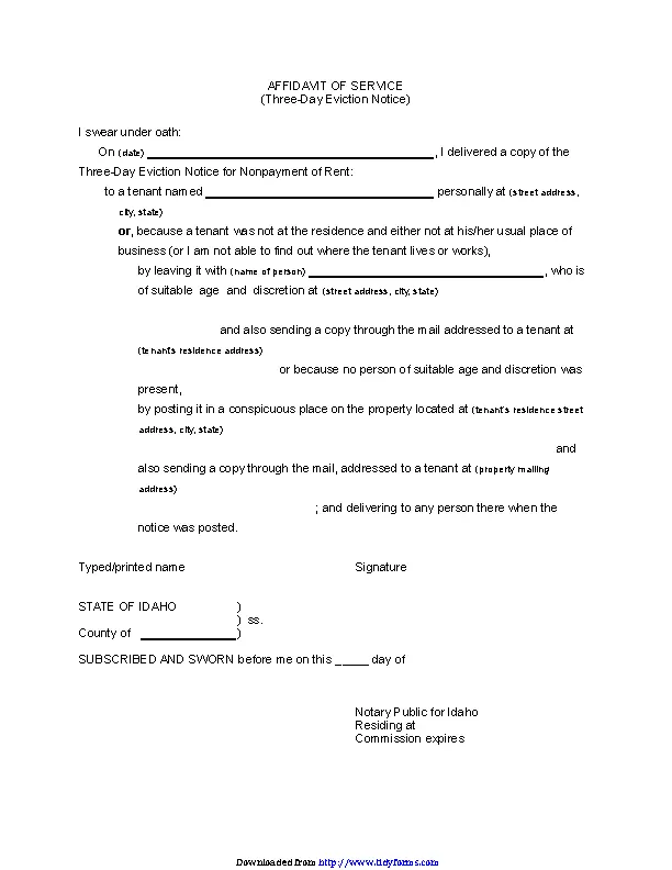 Idaho Affidavit Of Service Of 3 Day Notice To Pay Rent Or Vacate Form