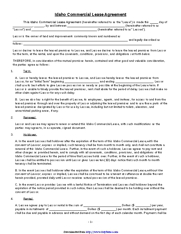 Idaho Commercial Lease Agreement Form - PDFSimpli