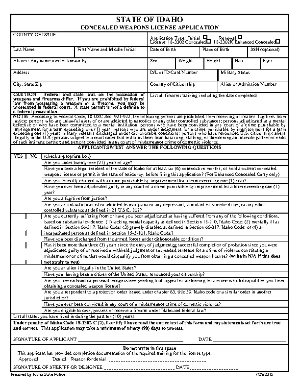 idaho concealed weapons license application - PDFSimpli