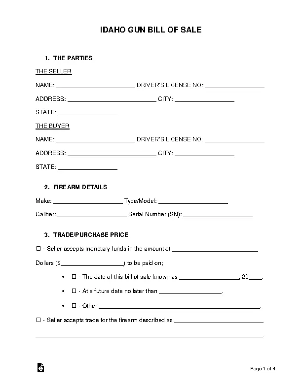 Idaho Gun Bill Of Sale PDFSimpli