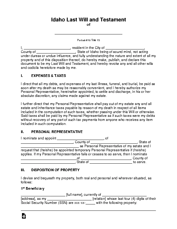 Idaho Last Will And Testament Template