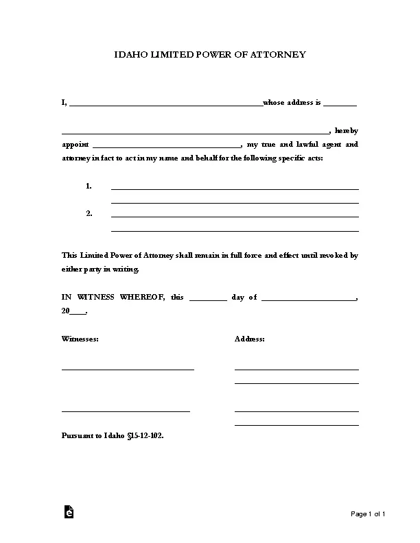 Idaho Limited Power Of Attorney Form