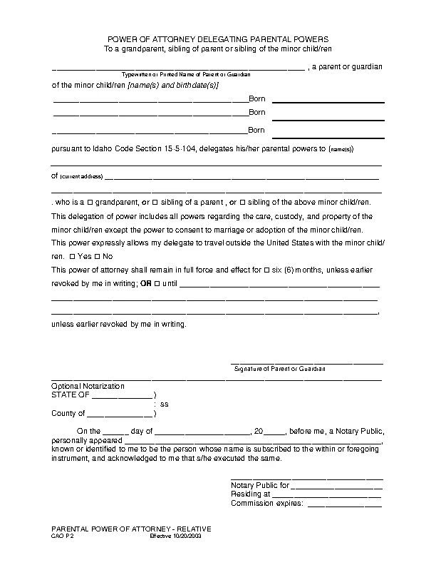 Idaho Minor Child Power Of Attorney Form - Pdfsimpli