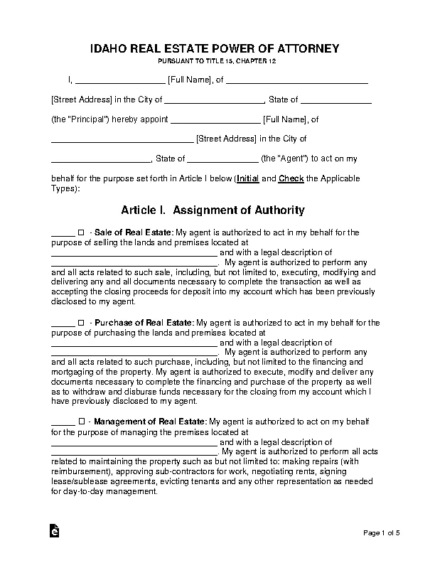 idaho real estate power of attorney form - PDFSimpli