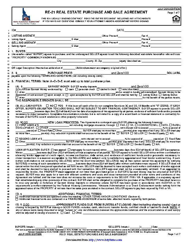 Idaho Real Estate Purchase And Sale Agreement Form