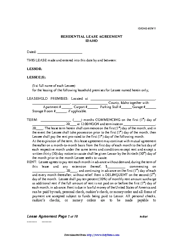 Idaho Residential Lease Agreement Form - PDFSimpli