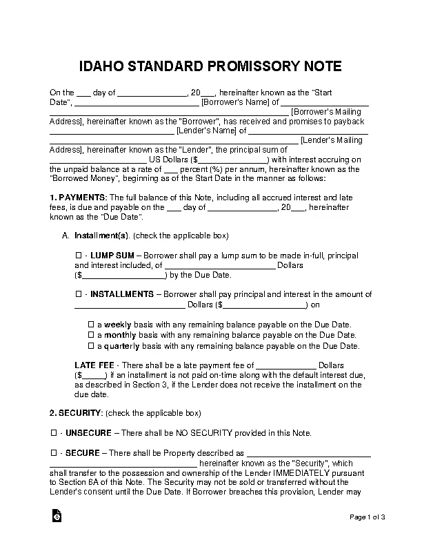 Idaho Standard Promissory Note Template