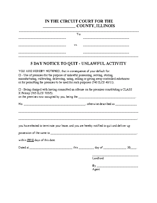 illinois 5 day notice to quit form unlawful activity - PDFSimpli