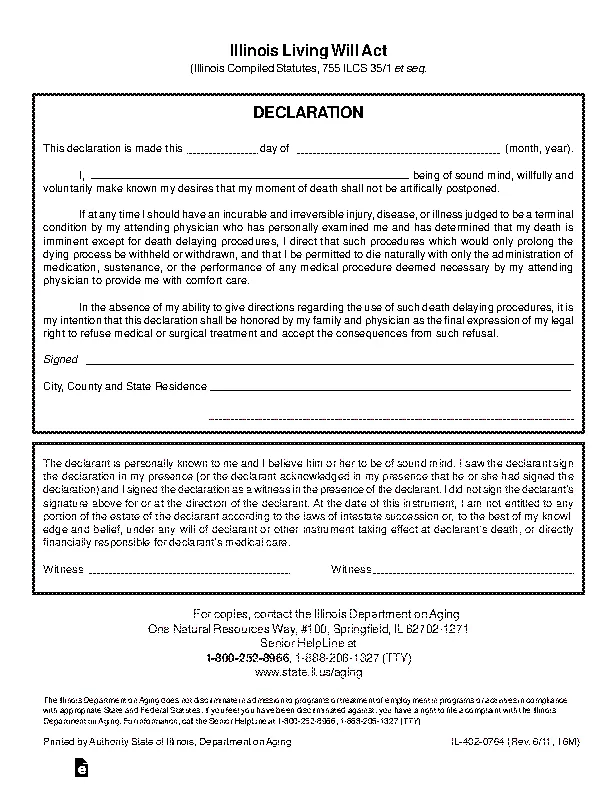 Illinois Living Will Act Declaration Form Pdfsimpli 0528