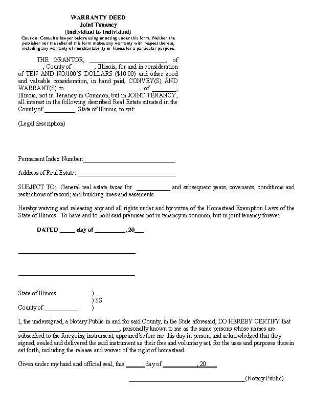 Illinois Warranty Deed Joint Tenancy Individual To Individual - PDFSimpli