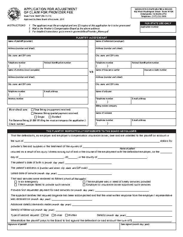 Indiana Application For Adjustment Of Claim For Provider Fee