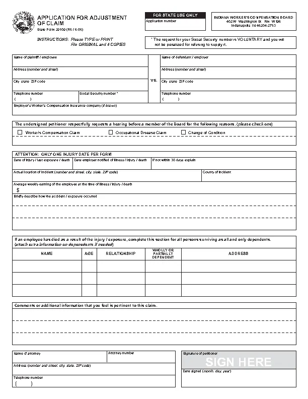 Indiana Application For Adjustment Of Claim
