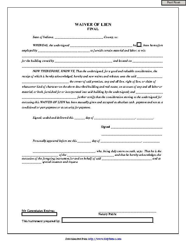 Indiana Final Waiver Of Lien