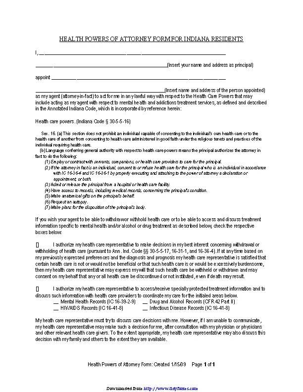 Indiana Health Powers Of Attorney Form For Indiana Residents - PDFSimpli