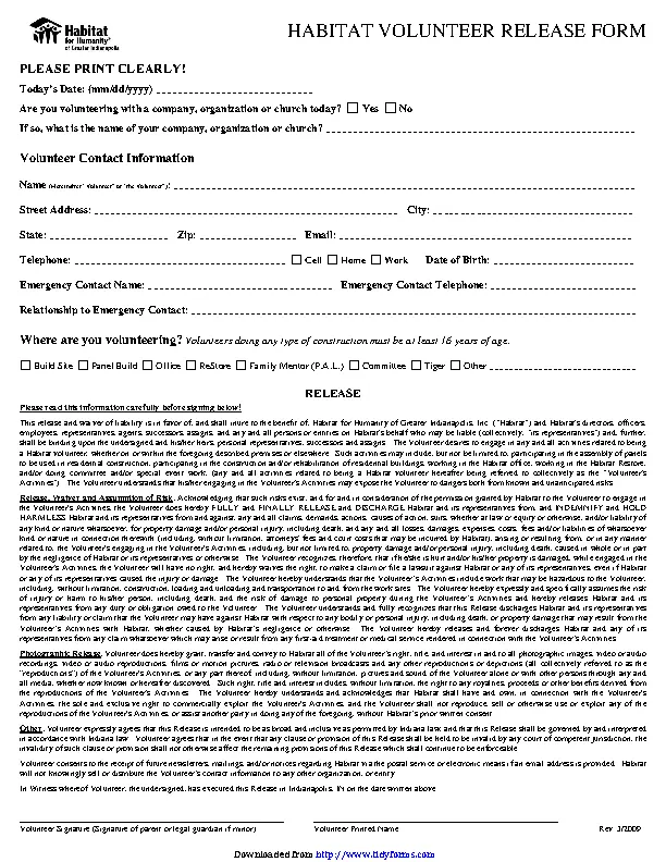 Indiana Liability Release Form 1