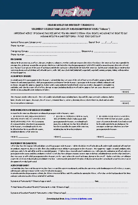 Indiana Liability Release Form 2
