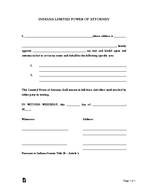 Limited Power Of Attorney Form Indiana