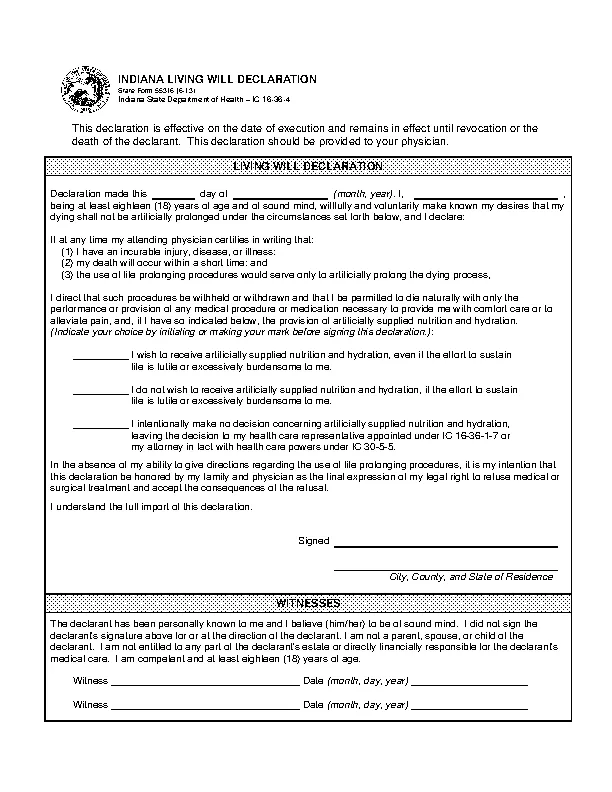 indiana living will act declaration form 55316 PDFSimpli