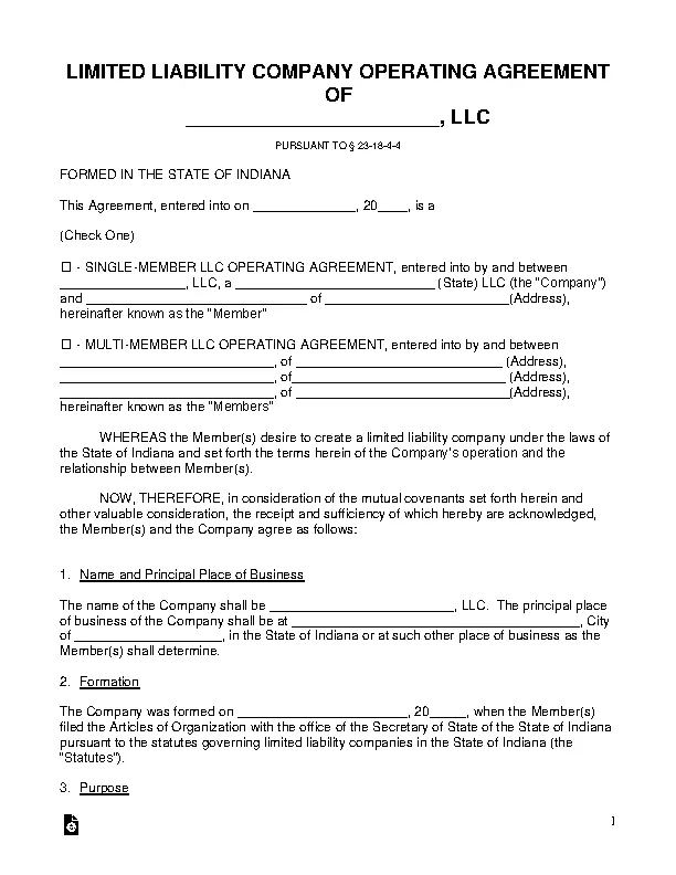 Indiana Llc Operating Agreement Template