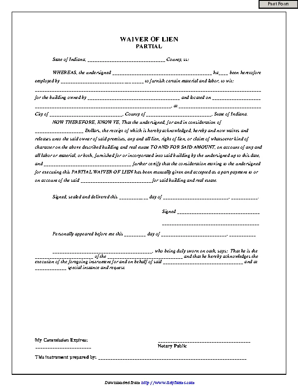 Indiana Partial Waiver Of Lien