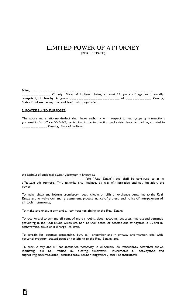 indiana real estate power of attorney form PDFSimpli