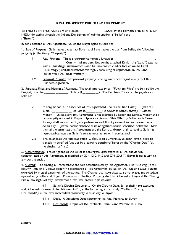 Indiana Real Property Purchase Agreement Form - PDFSimpli