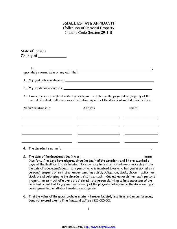Indiana Small Estate Affidavit Form Pdfsimpli 4836