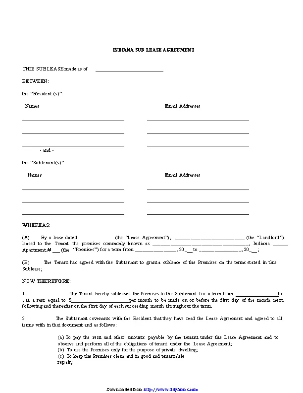 Indiana Sublease Agreement Form