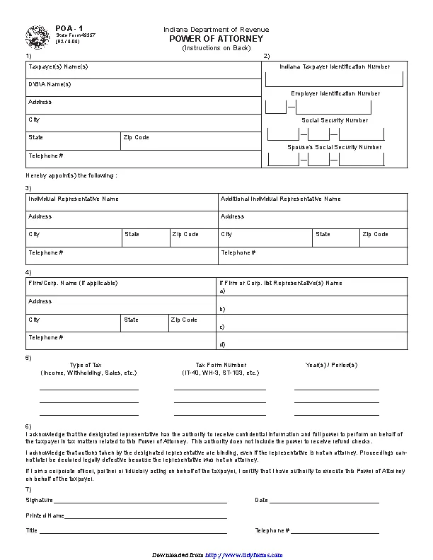 Indiana Tax Power Of Attorney Form 1