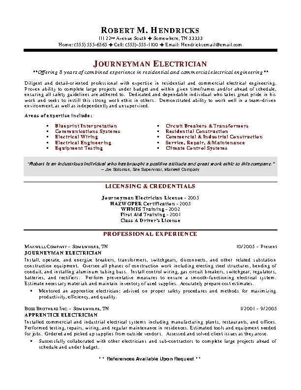 Industrial Electrician Resume