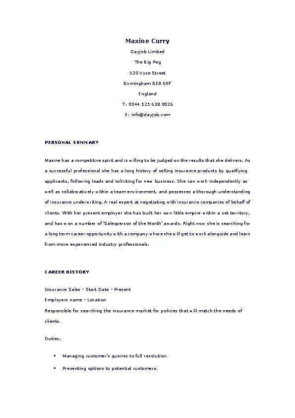 Insurance Sales Resume Template PDFSimpli Insurance Sales Resume Template PDFSimpli