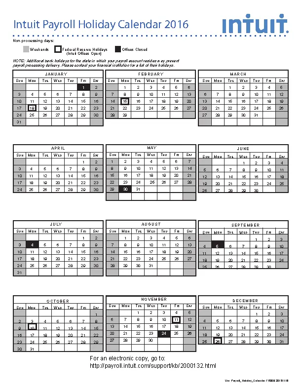 Intuit Payroll Holiday Calendar Template