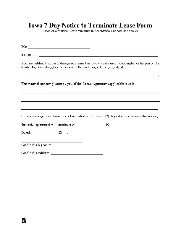 Iowa 7 Day Notice To Quit Noncompliance Form